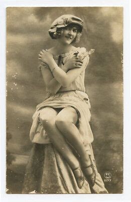 Risque French Postcard Nude Flapper Girl With Scarf And Stockings My
