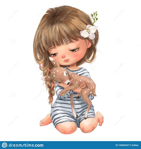 Cute Cartoon Summer Girl With Little Fawn Stock
