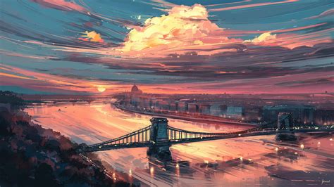 Wallpaper Artwork Digital Art Bridge Sunset Clouds Aenami