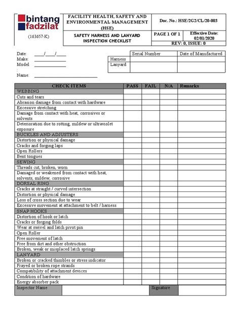 Hse Safety Harness And Lanyard Inspection Checklist Rev0 Pdf