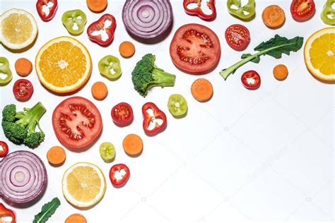 Assorted Sliced Vegetables And Fruits On White Background — Stock