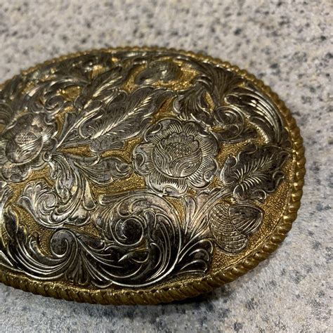 El Arturo Vintage Crumrine Ornate Heavy Silver Over Bronze Belt Buckle