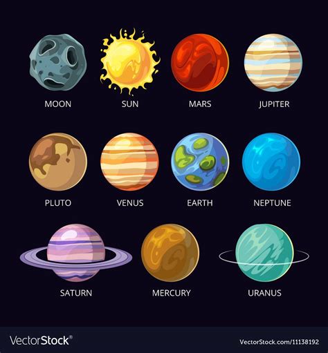Planets Of Solar System Vector Cartoon Set On Dark Sky Space Background