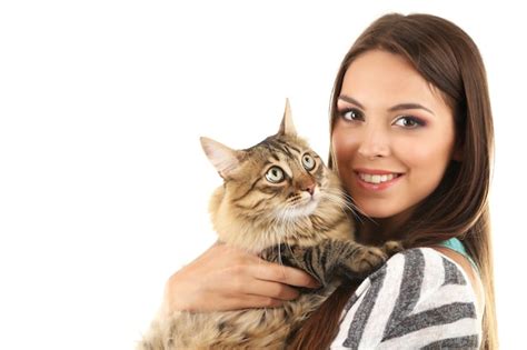 Premium Photo Beautiful Young Woman Holding Cat On White