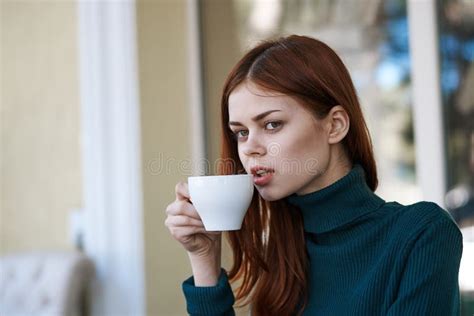 Beautiful Young Woman Holding A Mug In A Cafe On The Street Stock Image Image Of Females