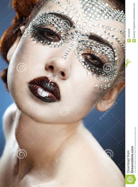 Beauty Woman Makeup With Crystals On Face Stock Photo