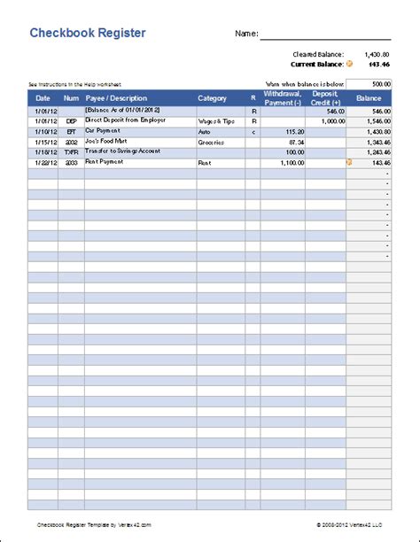 Free Excel Checkbook Register Printable