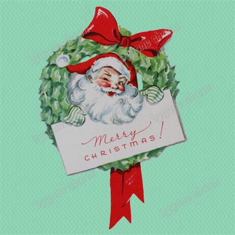 Vintage Winking Santa In Christmas Wreath Clip Art Kitschy Holiday