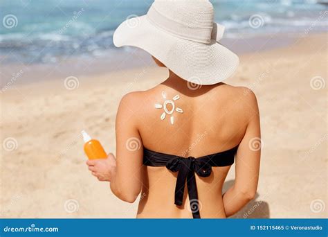 Beautiful Woman In Bikini Applying Sun Cream On Tanned Shoulder Sun Protection Skin Body Care