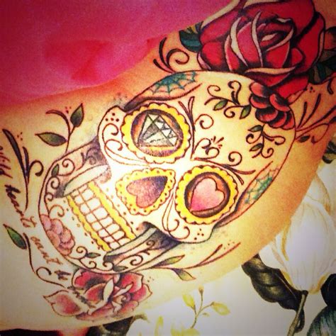 My Sugar Skull Thigh Piece Tattoos Girlswithtattoos Thighpiece Roses Colortattoos Skulls