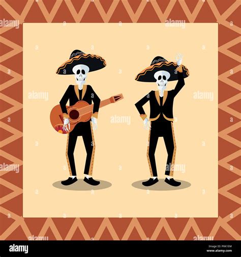 Day Of The Dead Skeletons Dancing Mariachi Costume Frame Vector