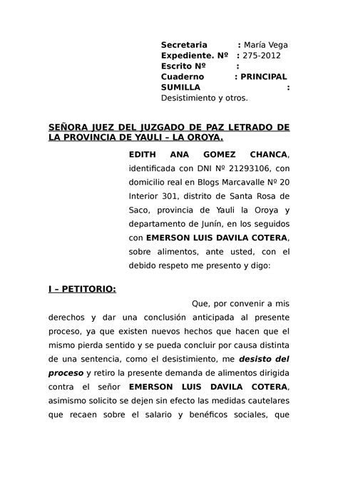 Desistimiento Alimentos Secretaria María Vega Expediente Nº 275
