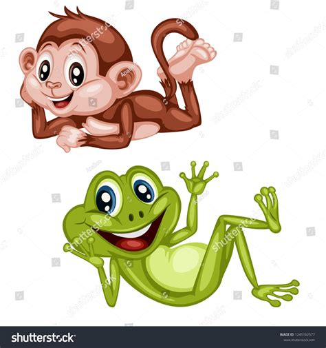 Vector Illustration Of Happy Laying Monkey And Frog Cute Cartoon