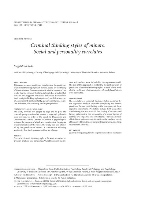 Pdf Original Article Criminal Thinking Styles Of Minors Social And