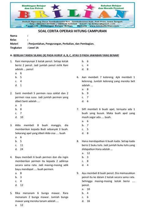 Kumpulan Soal Cerita Campuran Penjumlahan Pengurangan Perkalian Dan