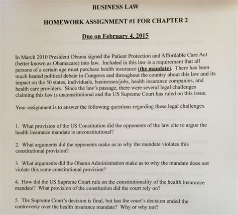 Quickly memorize the terms, phrases and much more. BUSINESS LAW HOMEWORK ASSIGNMENT #1 FOR CHAPTER 2 ...