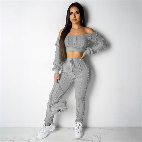 Womens Knitted Elastic Two Piece Set Suit Long Sleeve Crop Top
