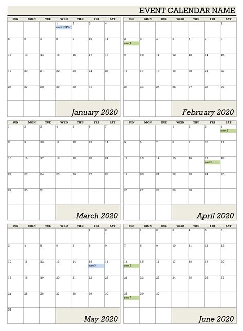 Six Monthly Calendar Office Templates