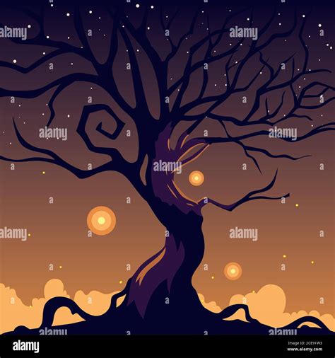 Halloween Dark Night Background With An Scary Tree Vector Illustration