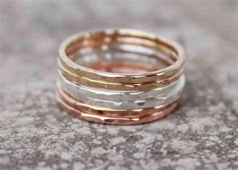 Rose Gold Gold And Sterling Silver Hammered Stacking Rings