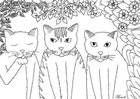 A complex coloring page of a cat consisting of many elements. Tree little funny cats - Cats Adult Coloring Pages