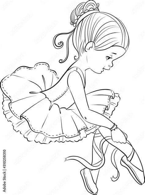 Beautiful Little Ballerina Girl Outline Coloring Page 素材庫插圖 Adobe Stock