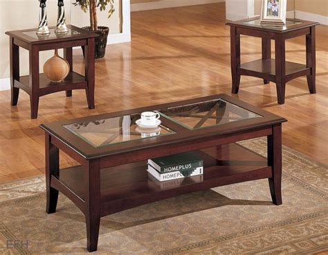 Set includes coffee table and 2 end tables. NEW 3PC BELGRADE GLASS INSERT WARM CHERRY FINISH WOOD ...