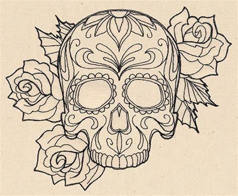Black Outline Gangster Sugar Skull With Roses Tattoo