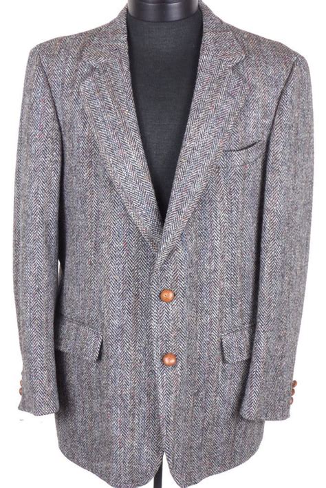 Vintage Harris Tweed Blazer Herringbone Gray Pure Scottish Wool 44l