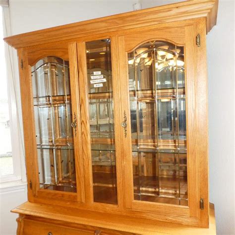 Lot 181 Lighted 2 Piece Solid Oak Bent Wood Original China Cabinet Hutch W Leaded Beveled
