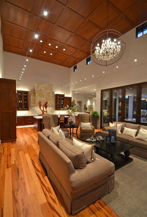 Open Plan Living Room With High Wooden Ceilings Spotlights And A