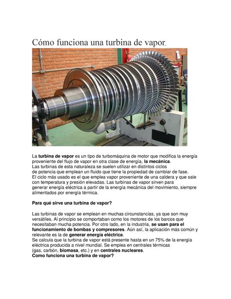 Formato de Actividades Cómo funciona una turbina de vapor La turbina