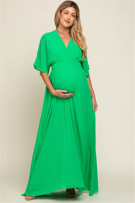 Green Chiffon V Neck Smocked Waist Maternity Maxi Dress Pinkblush