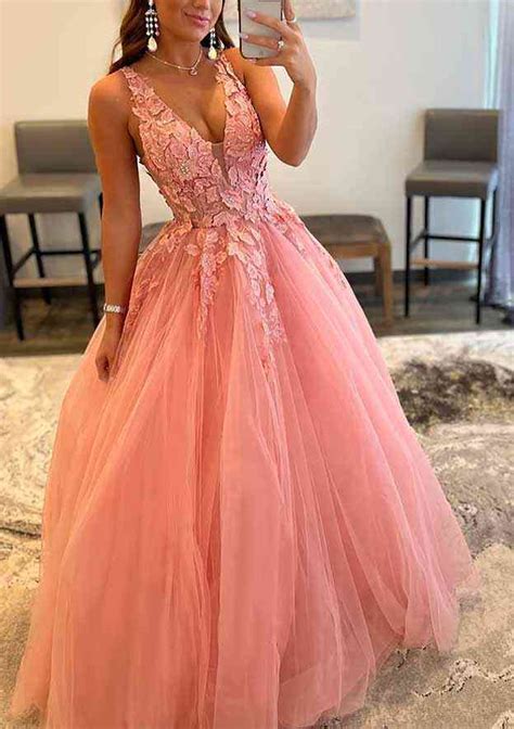 Princess A Line V Neck Sleeveless Sweep Train Tulle Prom Dress With