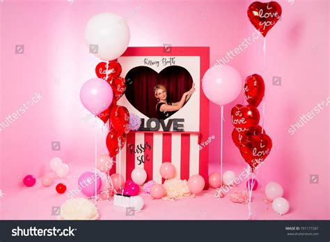 Happy Valentines Dayheartshaped Balloons Photo Booth Stock Photo