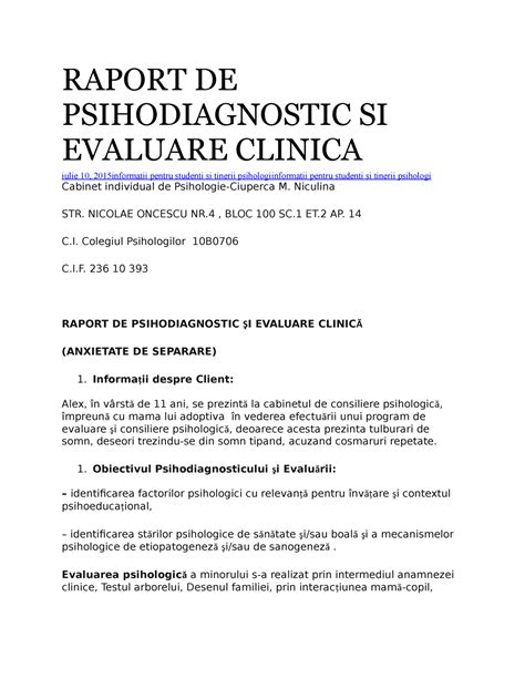 Raport Evaluare Psihologica Raport De Psihodiagnostic Si Evaluare