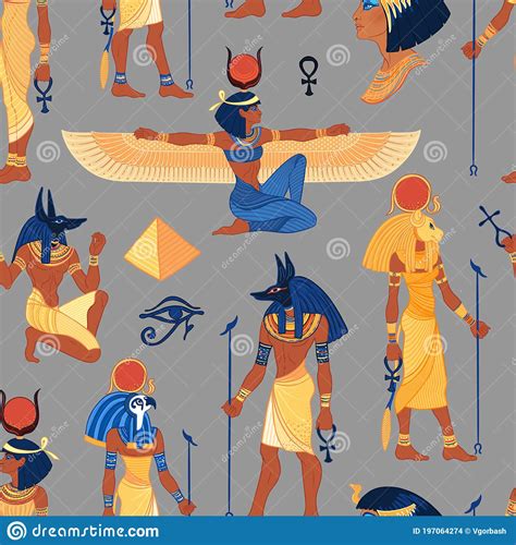 Ancient Egypt Vintage Seamless Pattern With Egyptian Gods Symbols Retro Hand Drawn Vector