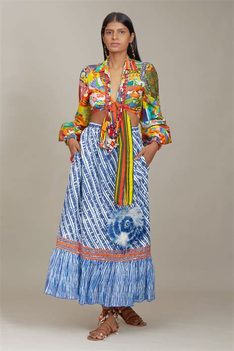 Buy Payal Jain Blue Linen Viscose Satin Shibori Print Skirt Online