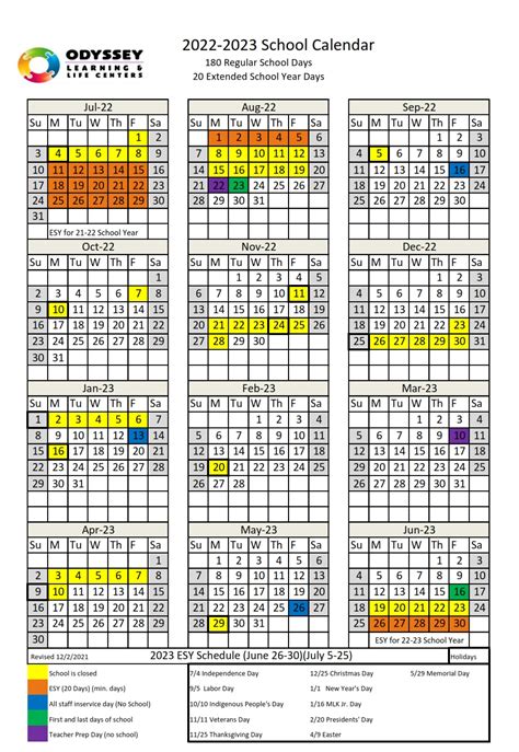Annual School Calendar For Odyssey Learning Center