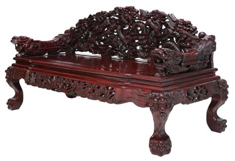 Chinese Heavily Carved Rosewood Dragon Bench