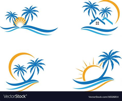 Four Different Logos With Palm Trees And Houses On The Waves In The