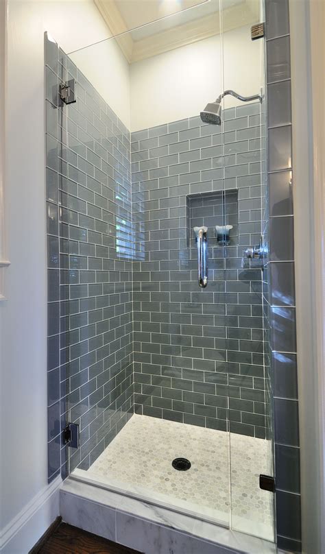 Simple Grey Glass Subway Tile Shower With White Grout Bathroom Remodel