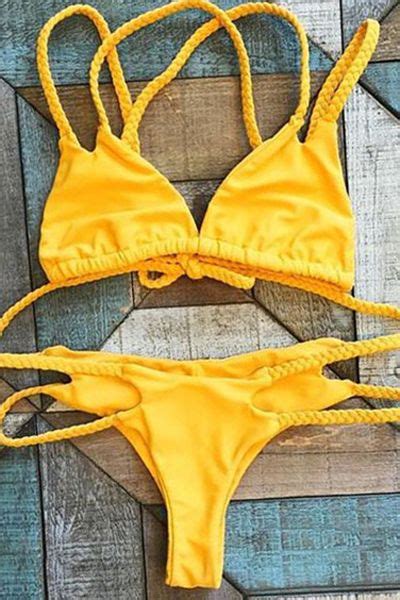 Yellow Spaghetti Strap Bikini Set More Cheap Swimsuits Women Bikini Yellow Bikini Set Push Up