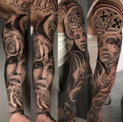 Gothic Women Full Arm Sleeve Tattoo In Black And Grey Tattoos