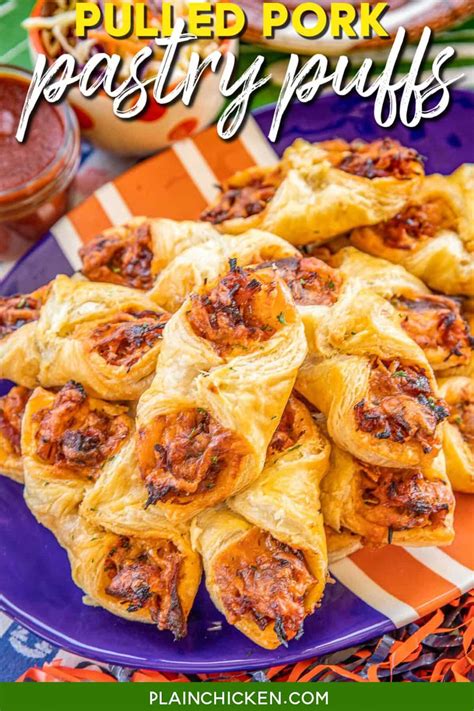 Lay 2 peach slices over pork. Pulled Pork Pastry Puffs - Football Friday - Plain Chicken