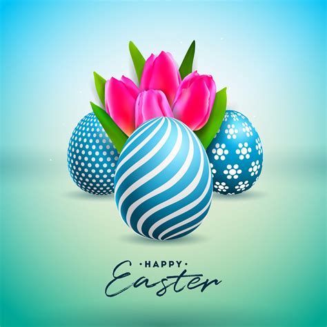 Vector Illustration Of Happy Easter Holiday With Painted Egg And Tulip