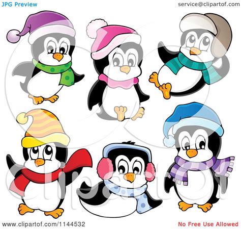 Cartoon Of Cute Little Penguins Wearing Scarves Winter Hats And Ear