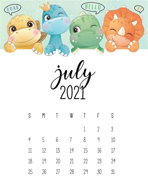 Free cute printable calendar august 2021. Cute Dinosaurs 2021 Calendar - World of Printables