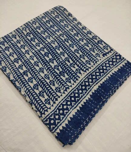 Blue Queen Size Indigo Leaf Print Pure Cotton Kantha Bedcover For Home