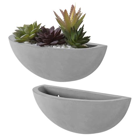 Myt Set Of 2 Modern Wall Mounted Cement Gray Half Moon Planter Pot